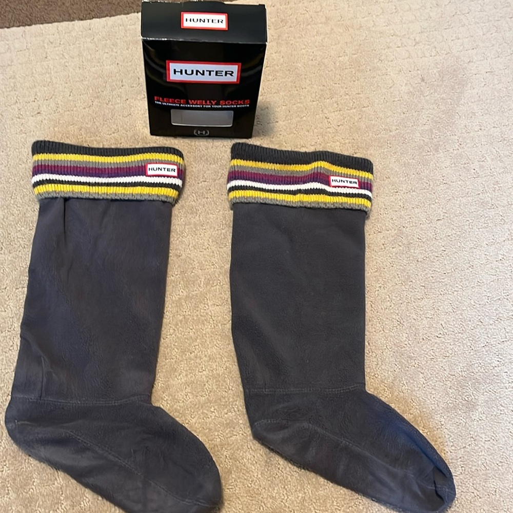 Hunter Fleece Welly Socks with Rainbow Striped Cuff